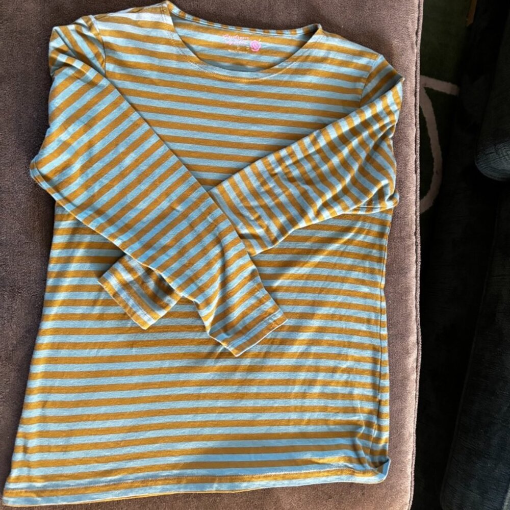 Gudrun Sjoden Striped olive and turquoise  Long Sleeve Top Cotton Tee Shirt  S